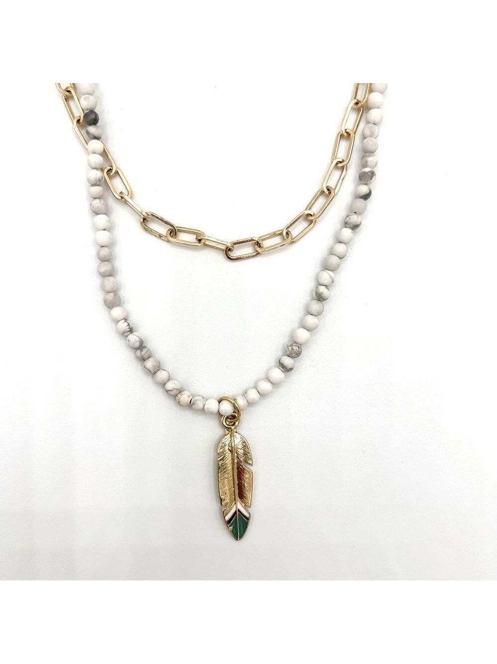 Howlite stone necklace and gold filled paperclip chain